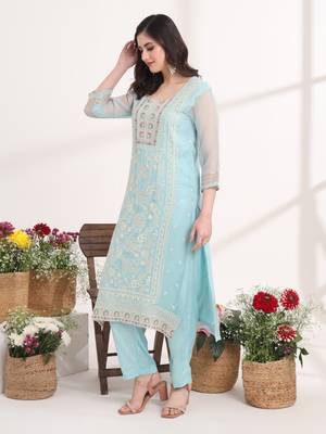 blue embroidery poly chiffon straight kurta dupatta set 5