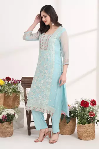 blue embroidery poly chiffon straight kurta dupatta set