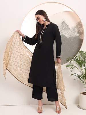 black solid lace work on yoke  kurta trouser and dupatta set 2