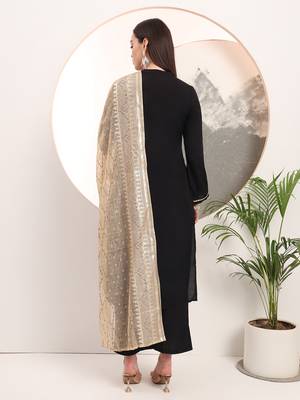 black solid lace work on yoke  kurta trouser and dupatta set 3