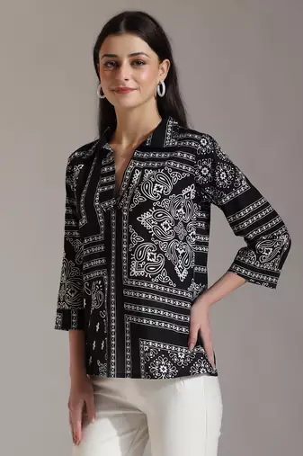 black pure cotton boho printed top