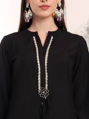 black solid lace work on yoke  kurta trouser and dupatta set 4