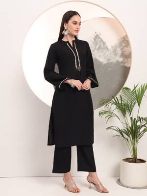 black solid lace work on yoke  kurta trouser and dupatta set 5