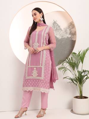 lavender embroidery poly chiffon straight kurta dupatta set 2