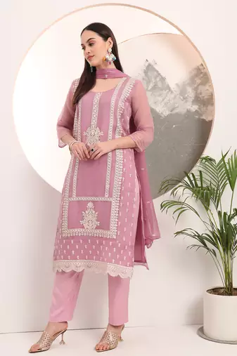 lavender embroidery poly chiffon straight kurta dupatta set