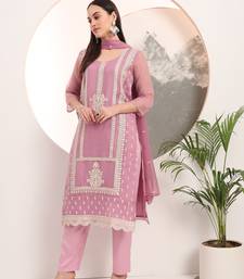 lavender embroidery poly chiffon straight kurta dupatta set