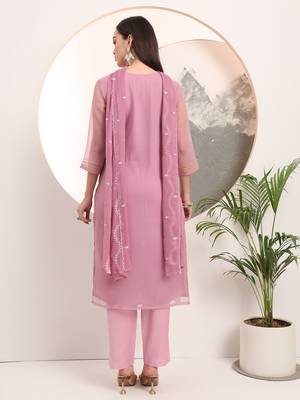 lavender embroidery poly chiffon straight kurta dupatta set 3