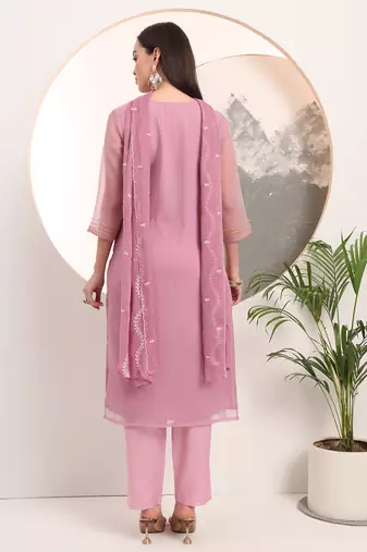 lavender embroidery poly chiffon straight kurta dupatta set