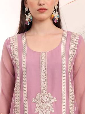 lavender embroidery poly chiffon straight kurta dupatta set 4