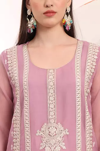 lavender embroidery poly chiffon straight kurta dupatta set