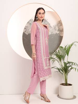 lavender embroidery poly chiffon straight kurta dupatta set 5