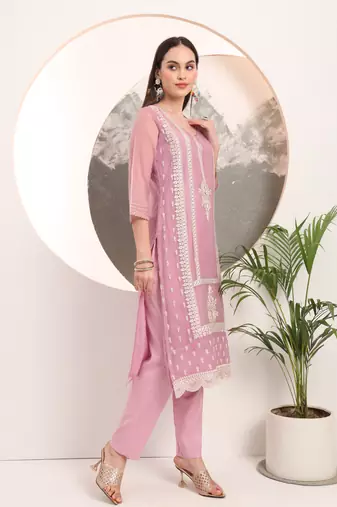lavender embroidery poly chiffon straight kurta dupatta set