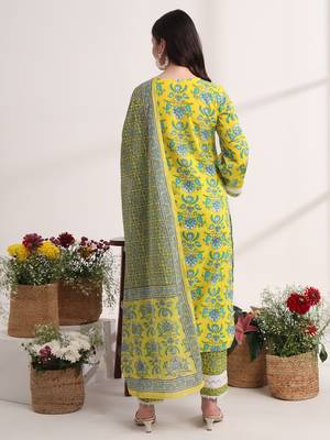 yellow floral print pakistani style kurta trouser and dupatta set 3