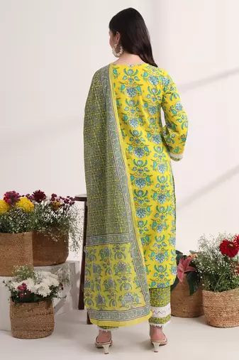 yellow floral print pakistani style kurta trouser and dupatta set
