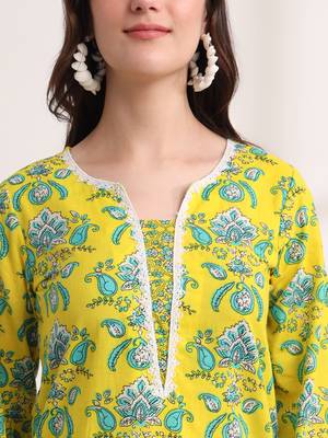 yellow floral print pakistani style kurta trouser and dupatta set 4