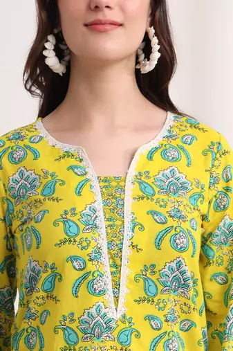 yellow floral print pakistani style kurta trouser and dupatta set