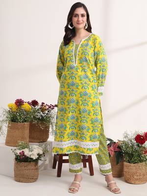yellow floral print pakistani style kurta trouser and dupatta set 5
