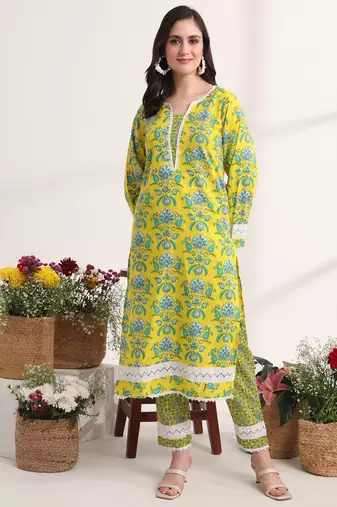 yellow floral print pakistani style kurta trouser and dupatta set