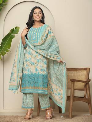 blue cotton floral kurta dupatta set with lace detailing 2