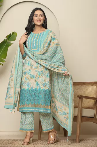 blue cotton floral kurta dupatta set with lace detailing