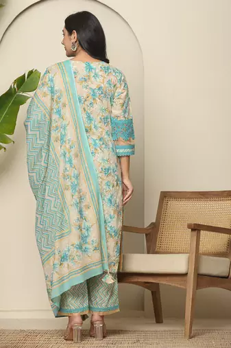 blue cotton floral kurta dupatta set with lace detailing