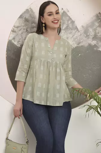 green handloom cotton gathered or pleated top