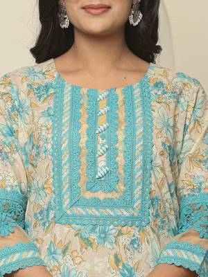 blue cotton floral kurta dupatta set with lace detailing 4