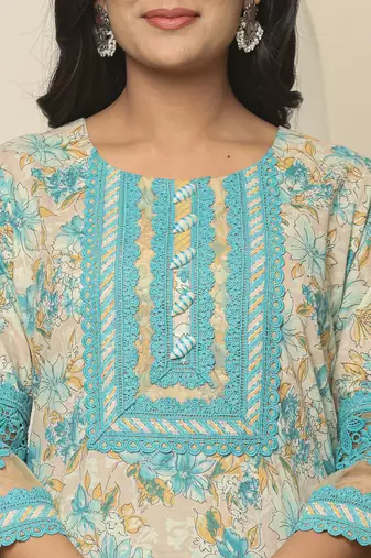 blue cotton floral kurta dupatta set with lace detailing