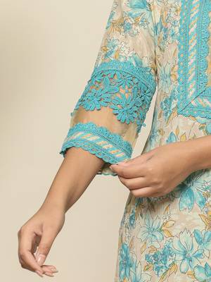 blue cotton floral kurta dupatta set with lace detailing 5