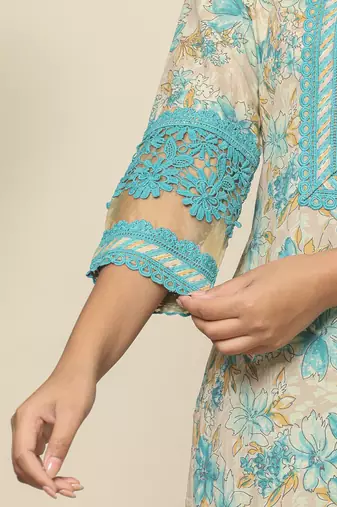 blue cotton floral kurta dupatta set with lace detailing