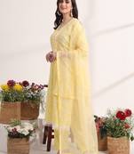 yellow floral lace work straight kurta pant dupatta set