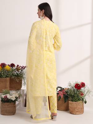yellow floral lace work straight kurta pant dupatta set 2