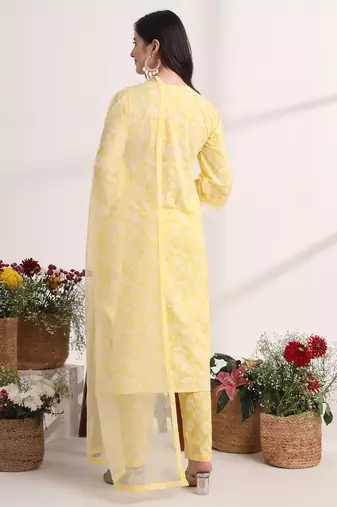 yellow floral lace work straight kurta pant dupatta set
