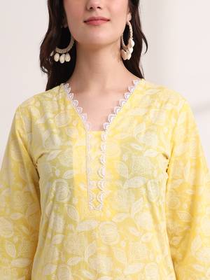 yellow floral lace work straight kurta pant dupatta set 3