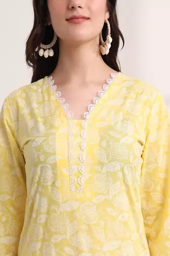 yellow floral lace work straight kurta pant dupatta set
