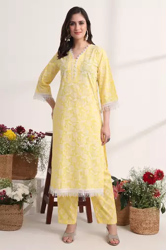 yellow floral lace work straight kurta pant dupatta set