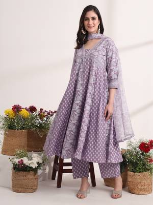 purple ethnic motifs cotton kurta dupatta set 2