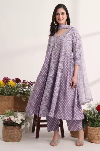 purple ethnic motifs cotton kurta dupatta set