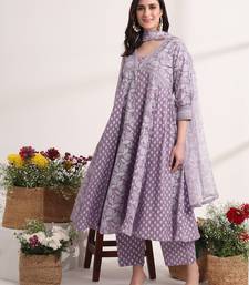 purple ethnic motifs cotton kurta dupatta set