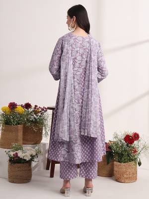 purple ethnic motifs cotton kurta dupatta set 3