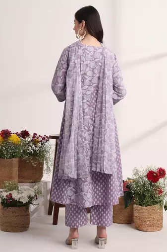 purple ethnic motifs cotton kurta dupatta set