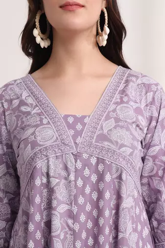 purple ethnic motifs cotton kurta dupatta set