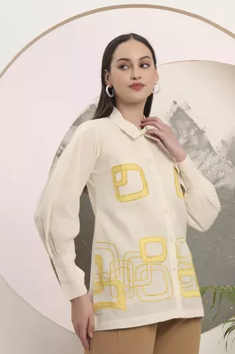 white pure cotton shirt collar top with embroidery
