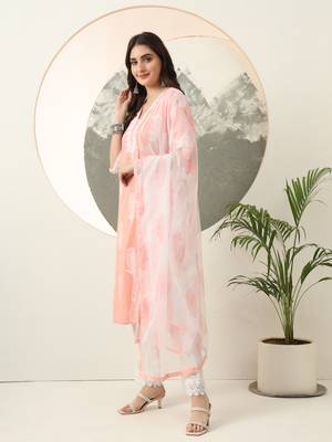 peach paisley,lace work straight kurta trouser dupatta set 2