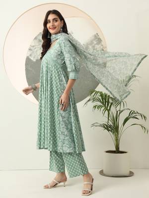 green ethnic motifs cotton kurta dupatta set 2