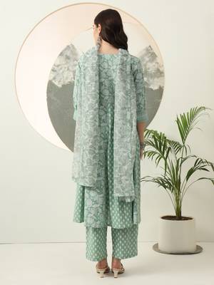 green ethnic motifs cotton kurta dupatta set 3