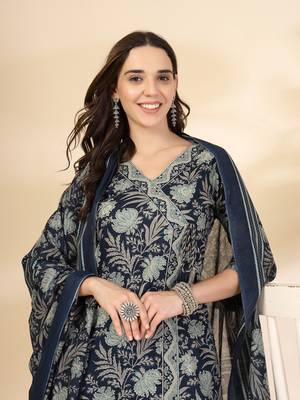 blue floral print straight kurta trouser dupatta set 5