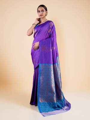 Navy blue Ethnic Motifs Zari Silk blend Banarasi Saree 1