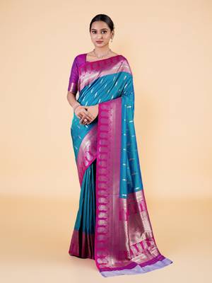 Teal and Magenta Banarasi Silk blend Saree with Intricate Zari Work 1