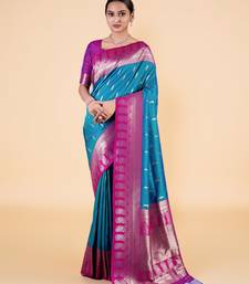 Teal and Magenta Banarasi Silk blend Saree with Intricate Zari Work